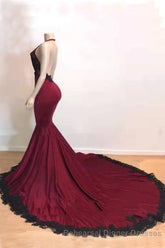 Burgundy Halter Deep V Neck Mermaid Semi Formal Prom Dress with Lace, Long Evening Gown